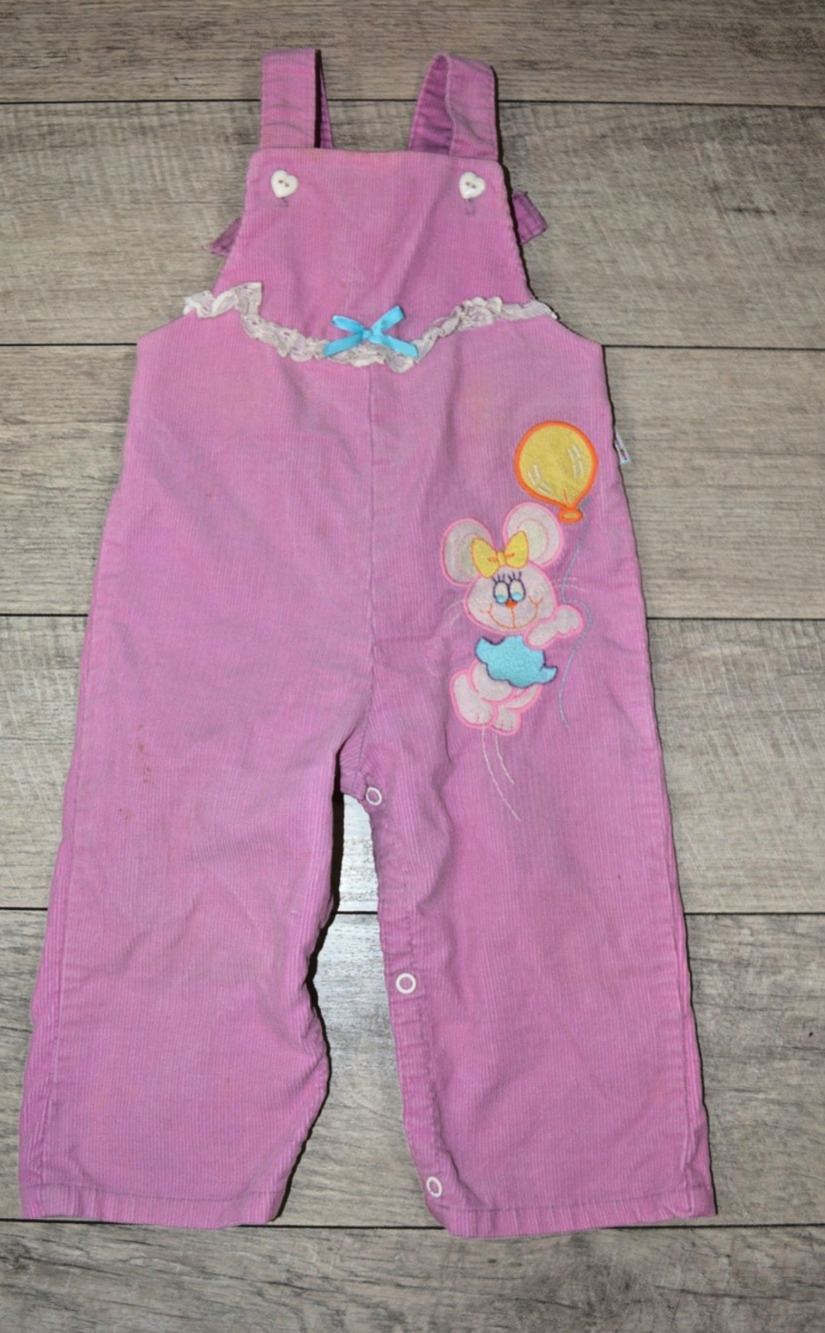 Vintage Krazy Kritters Baby Girl Overalls 18M Purple Cotton Romper Bunny Spring
